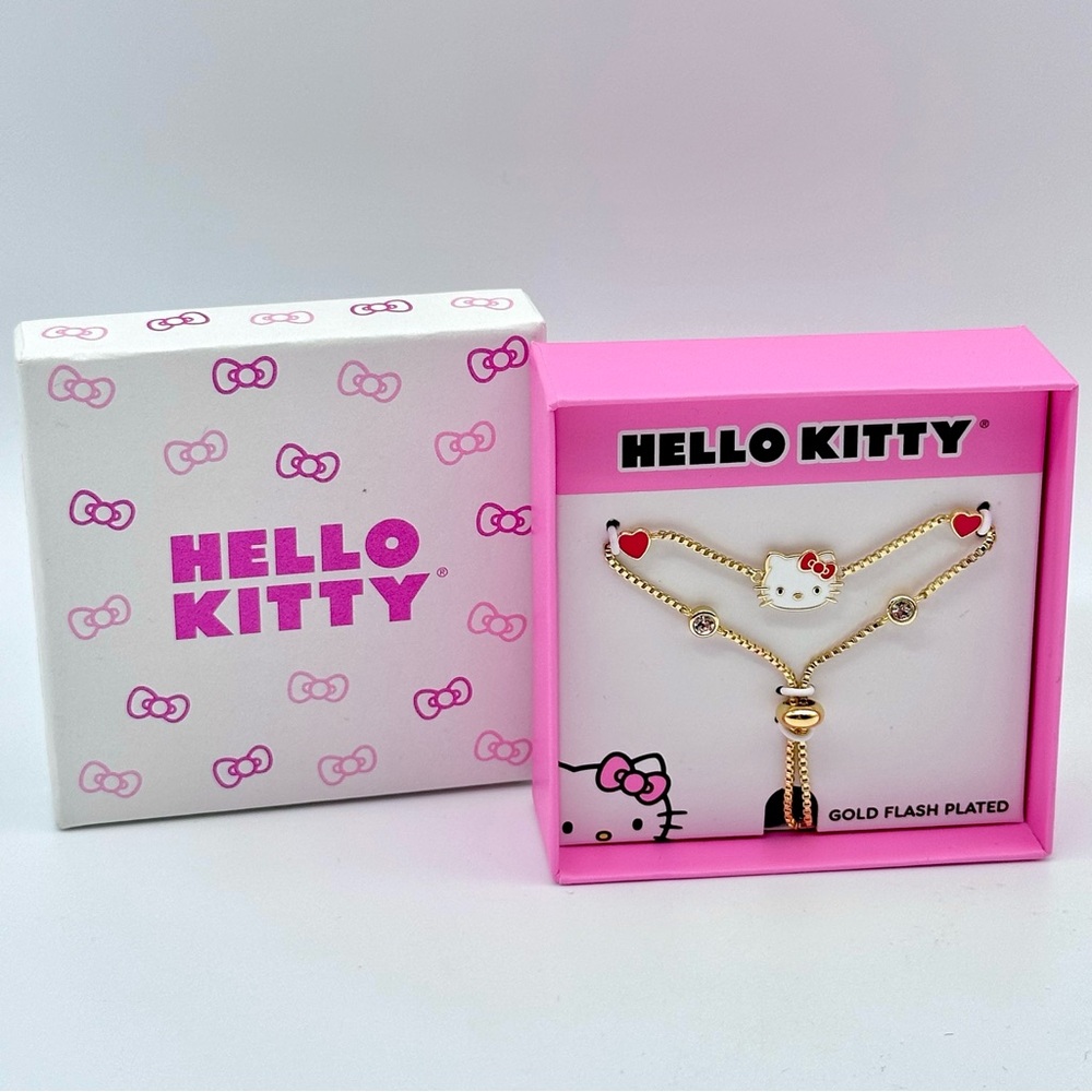 Hello Kitty Bracelet with Crystals + Red Hearts, 18k Gold Flash-Plate